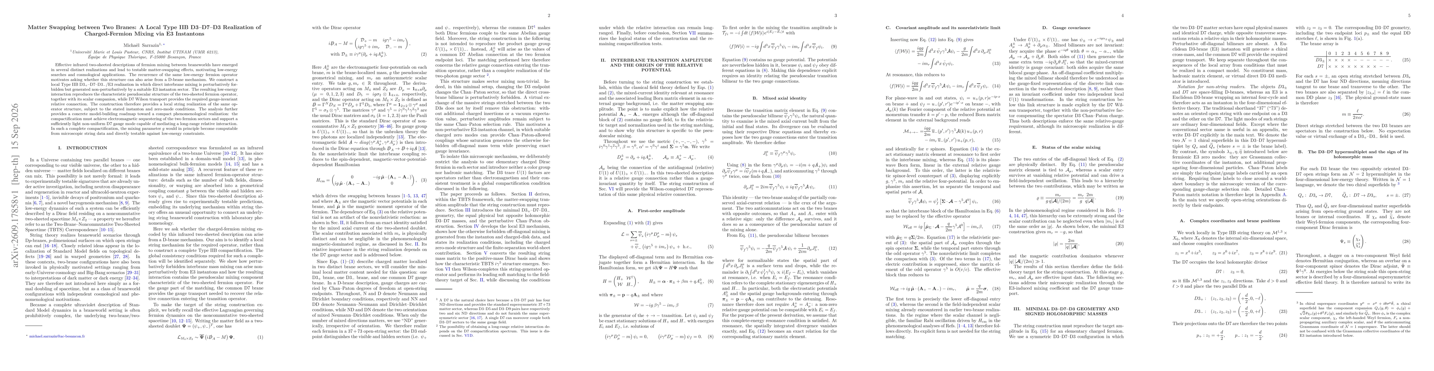 Thumbnail for Matter Swapping between Two Branes: A Local Type IIB D3-D7-D3 Realization of Charged-Fermion Mixing via E3 Instantons