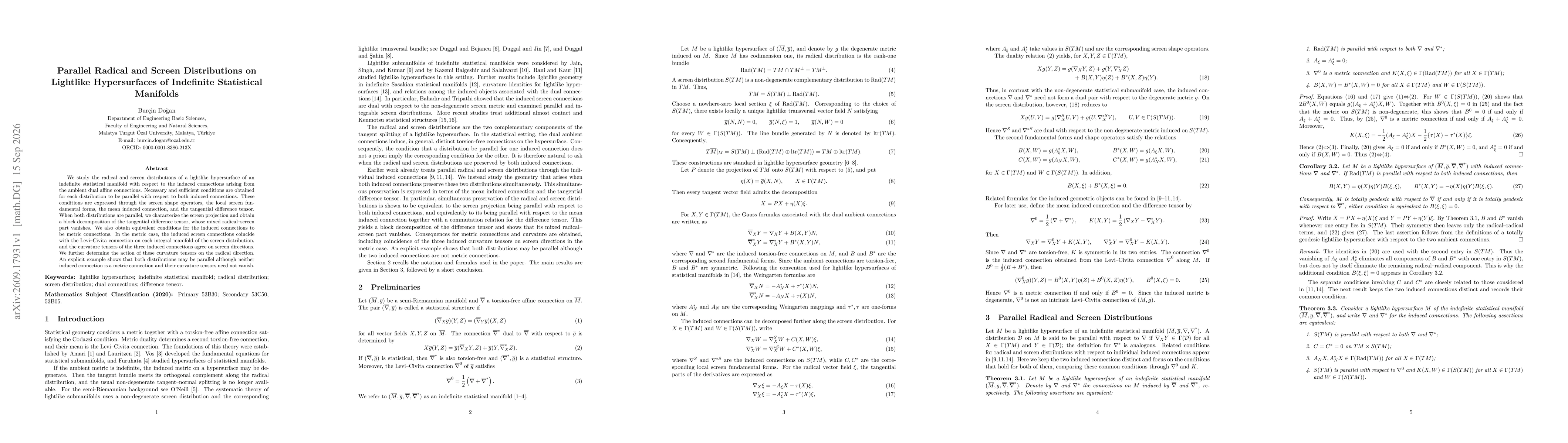 Thumbnail for Parallel Radical and Screen Distributions on Lightlike Hypersurfaces of Indefinite Statistical Manifolds