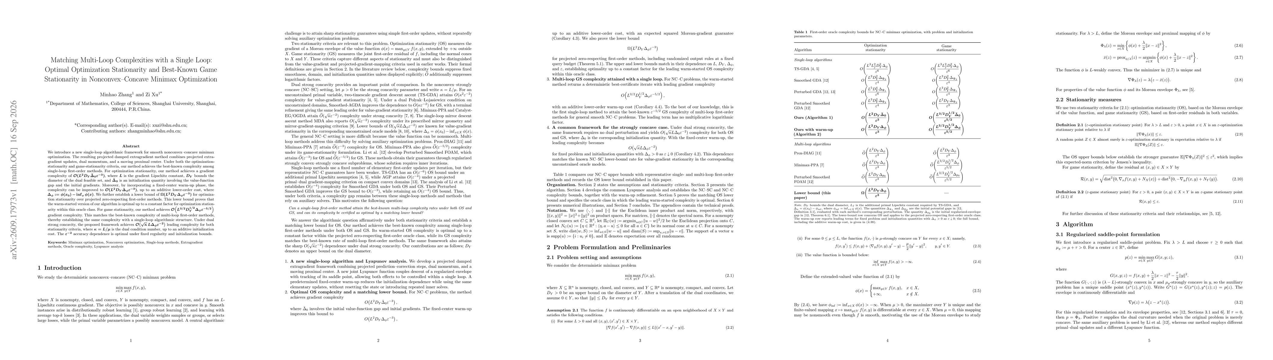 Thumbnail for Matching Multi-Loop Complexities with a Single Loop: Optimal Optimization Stationarity and Best-Known Game Stationarity in Nonconvex--Concave Minimax Optimization