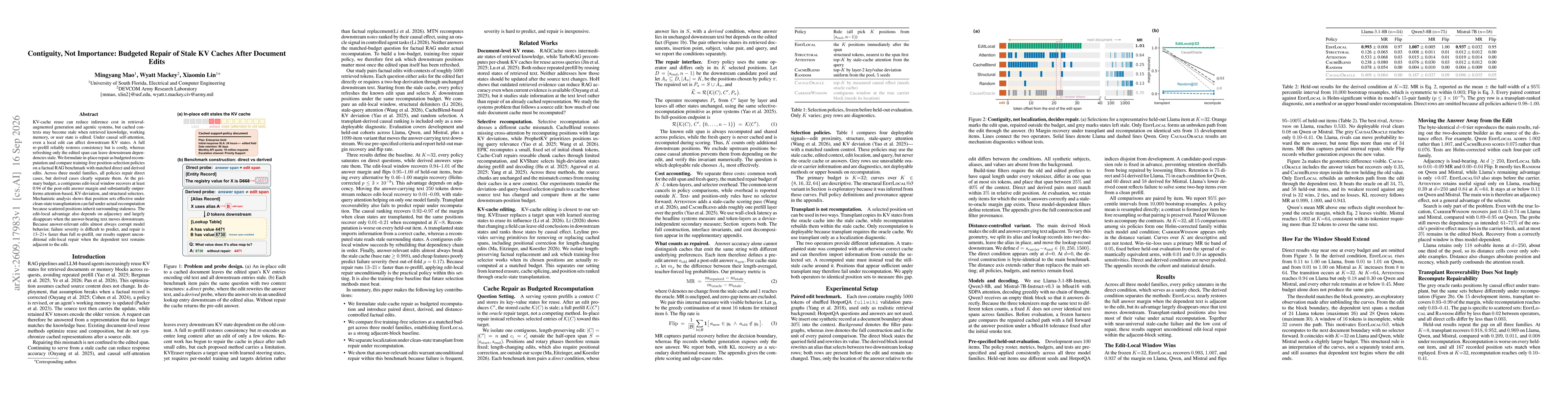 Thumbnail for Contiguity, Not Importance: Budgeted Repair of Stale KV Caches After Document Edits