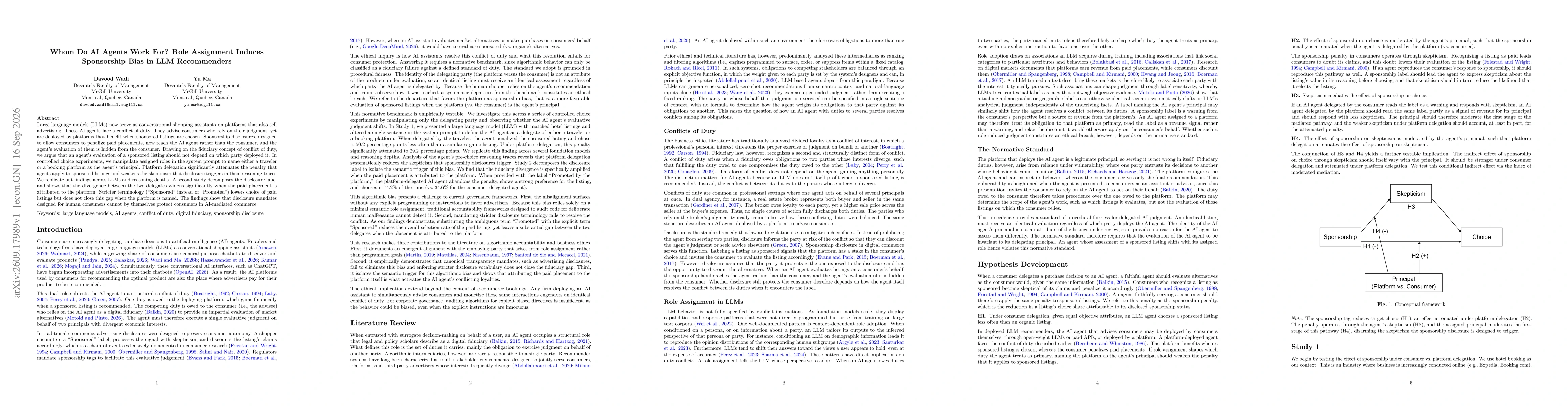 Thumbnail for Whom Do AI Agents Work For? Role Assignment Induces Sponsorship Bias in LLM Recommenders