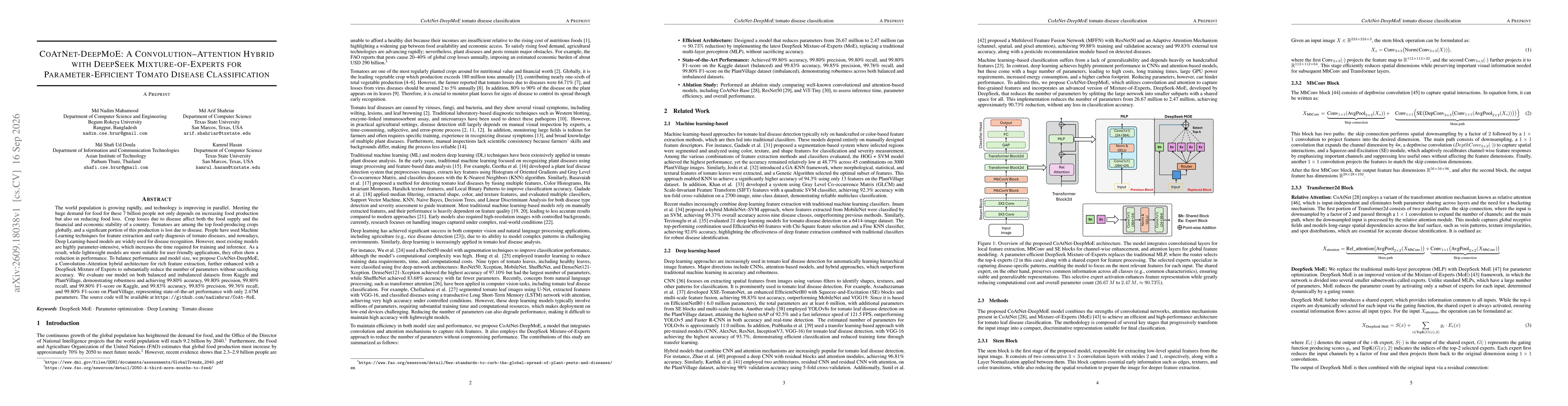Thumbnail for CoAtNet-DeepMoE: A Convolution-Attention Hybrid with DeepSeek Mixture-of-Experts for Parameter-Efficient Tomato Disease Classification