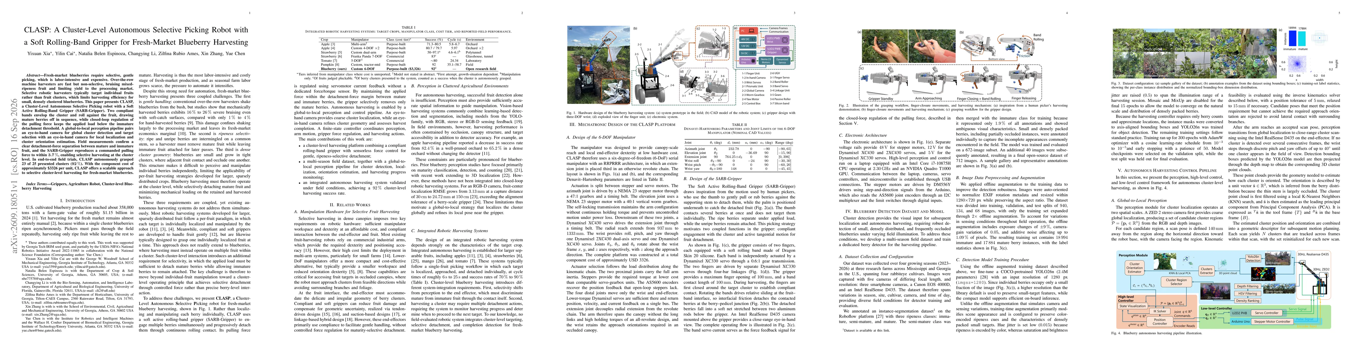 Thumbnail for CLASP: A Cluster-Level Autonomous Selective Picking Robot with a Soft Rolling-Band Gripper for Fresh-Market Blueberry Harvesting