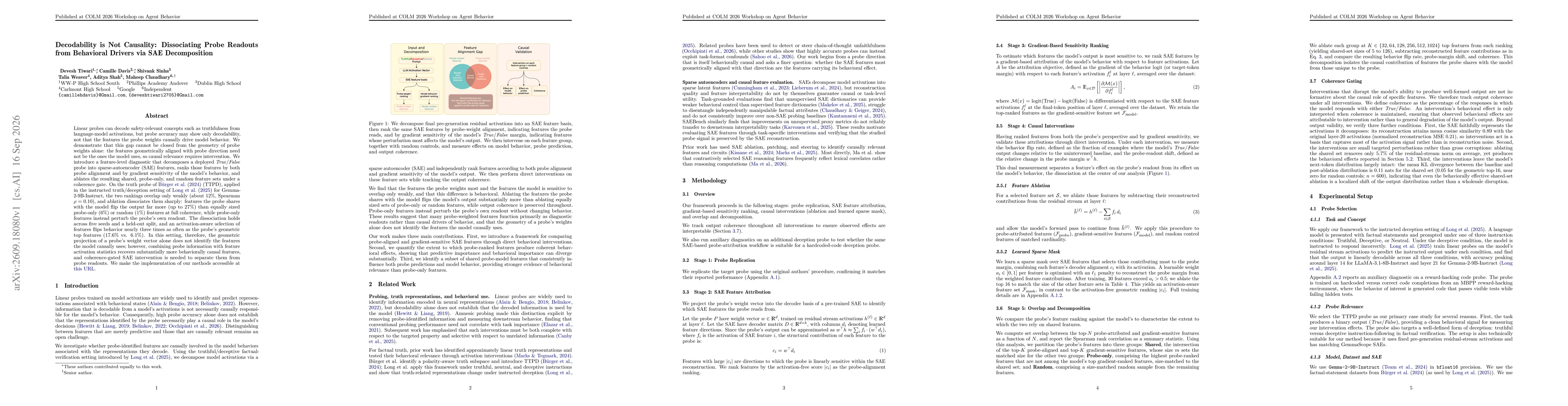 Thumbnail for Decodability is Not Causality: Dissociating Probe Readouts from Behavioral Drivers via SAE Decomposition