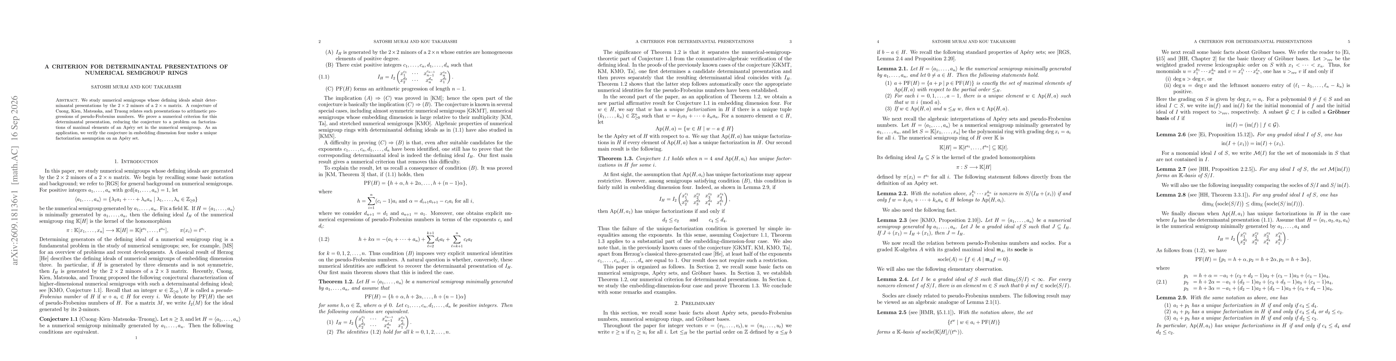 Thumbnail for A criterion for determinantal presentations of numerical semigroup rings