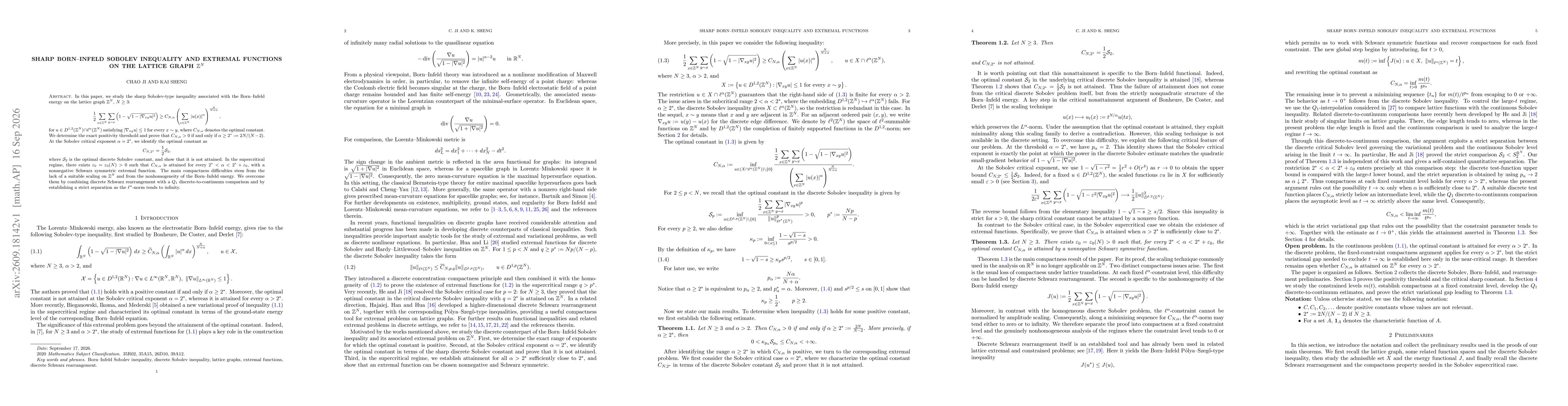 Thumbnail for Sharp Born--Infeld Sobolev inequality and extremal functions on the lattice graph $\mathbb Z^N$