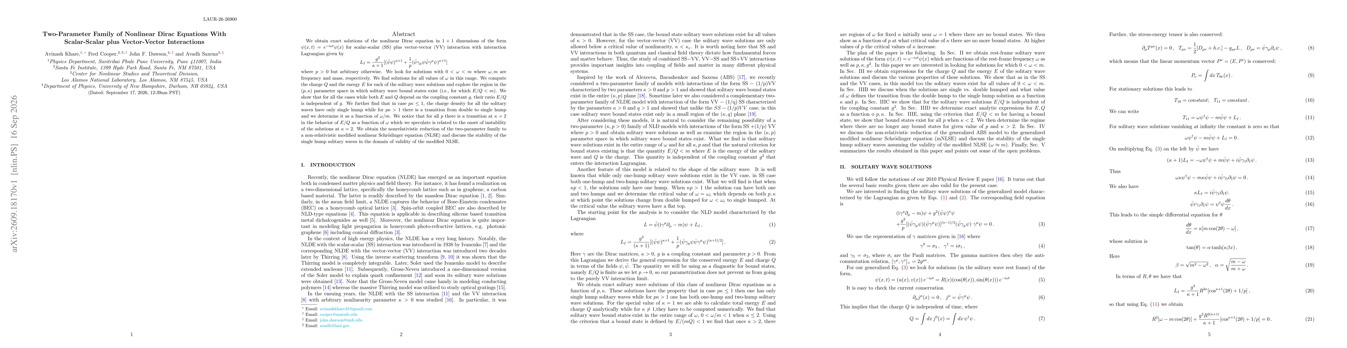 Thumbnail for Two-Parameter Family of Nonlinear Dirac Equations With Scalar-Scalar plus Vector-Vector Interactions
