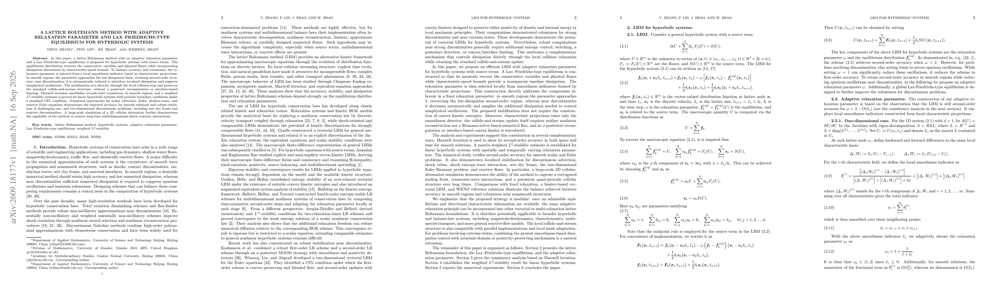 Thumbnail for A Lattice Boltzmann Method with Adaptive Relaxation Parameter and Lax--Friedrichs-Type Equilibrium for Hyperbolic Systems