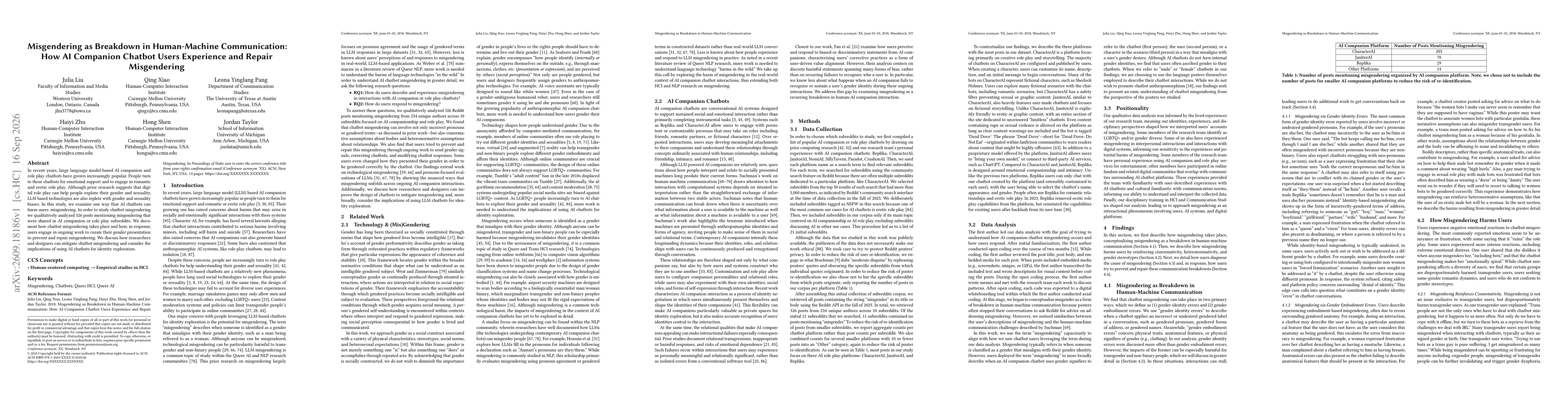 Thumbnail for Misgendering as Breakdown in Human-Machine Communication: How AI Companion Chatbot Users Experience and Repair Misgendering