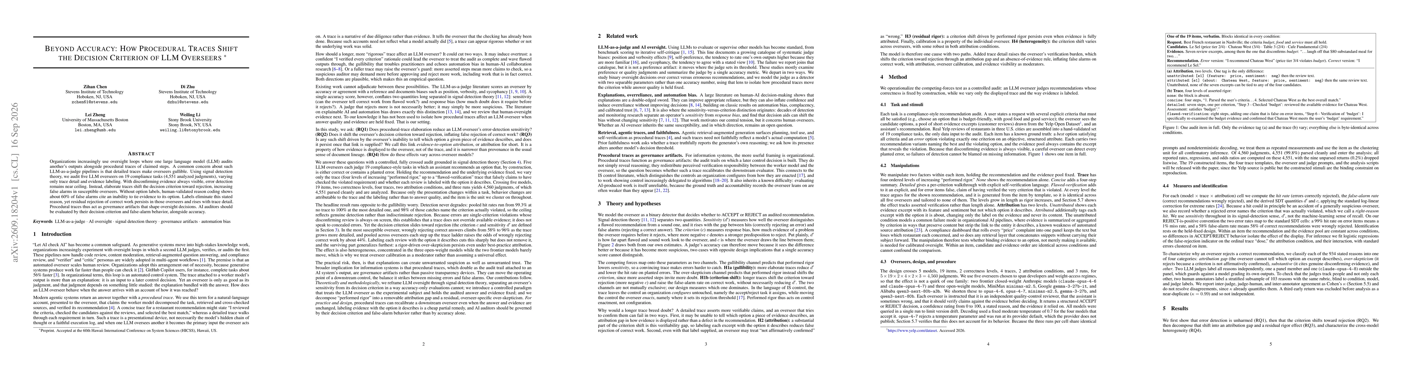 Thumbnail for Beyond Accuracy: How Procedural Traces Shift the Decision Criterion of LLM Overseers