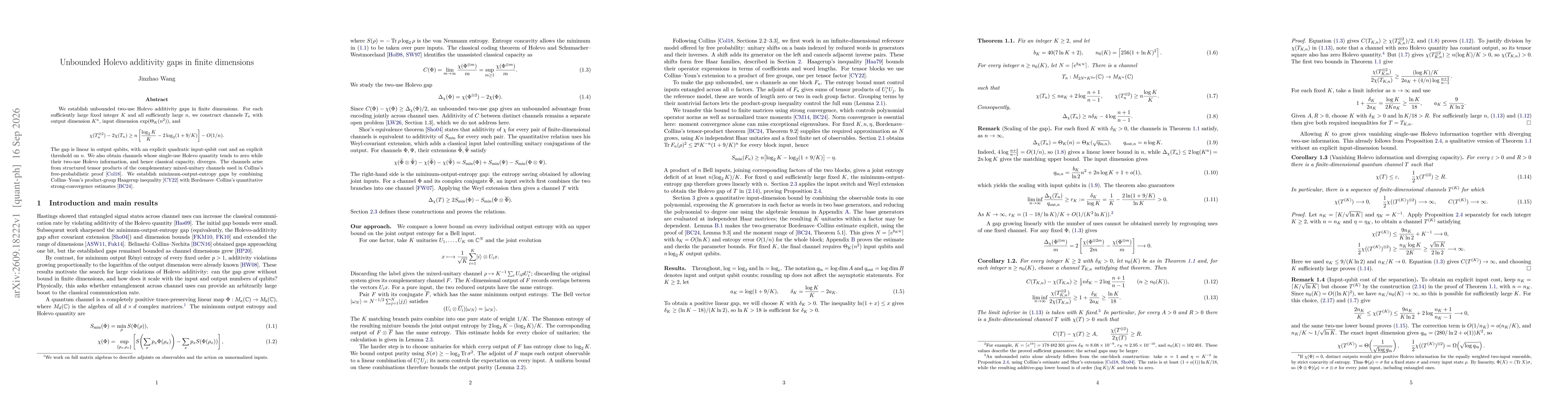 Thumbnail for Unbounded Holevo additivity gaps in finite dimensions