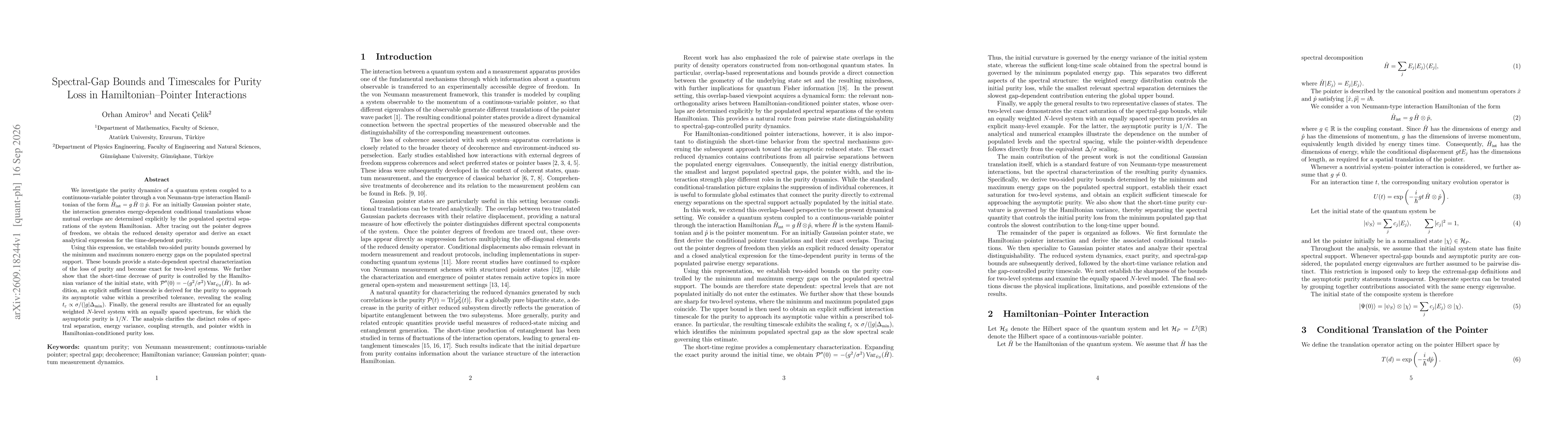 Thumbnail for Spectral-Gap Bounds and Timescales for Purity Loss in Hamiltonian--Pointer Interactions