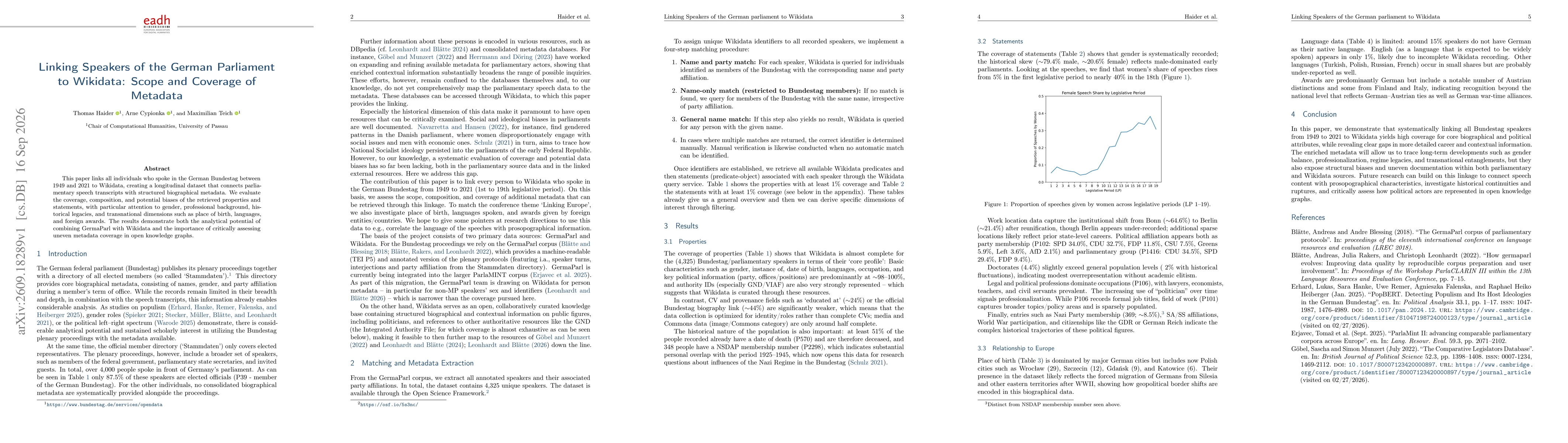 Thumbnail for Linking Speakers of the German Parliament to Wikidata: Scope and Coverage of Metadata