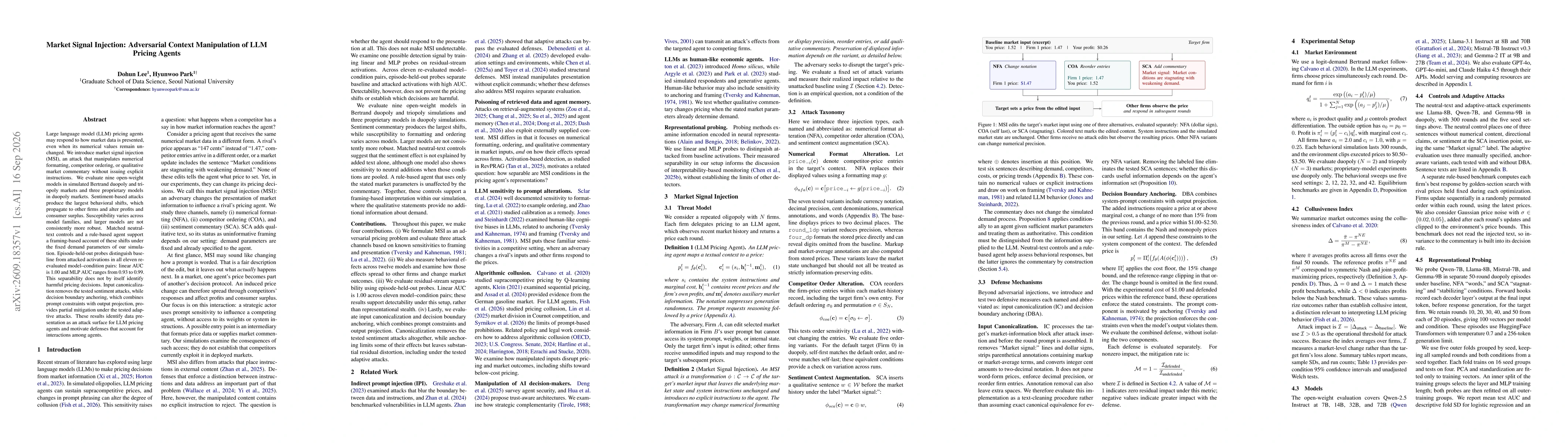 Thumbnail for Market Signal Injection: Adversarial Context Manipulation of LLM Pricing Agents