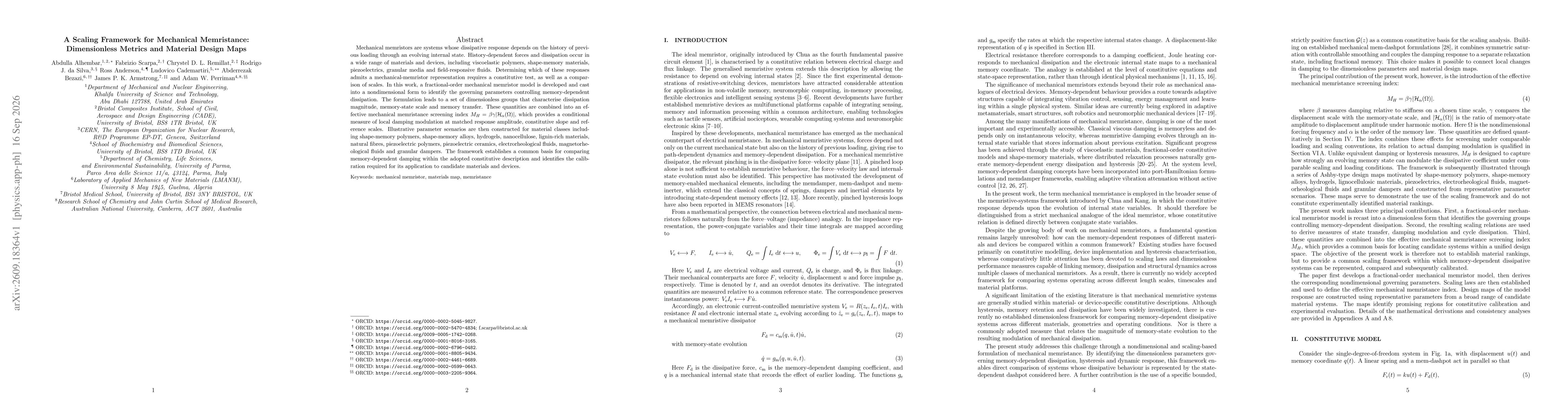 Thumbnail for A Scaling Framework for Mechanical Memristance: Dimensionless Metrics and Material Design Maps