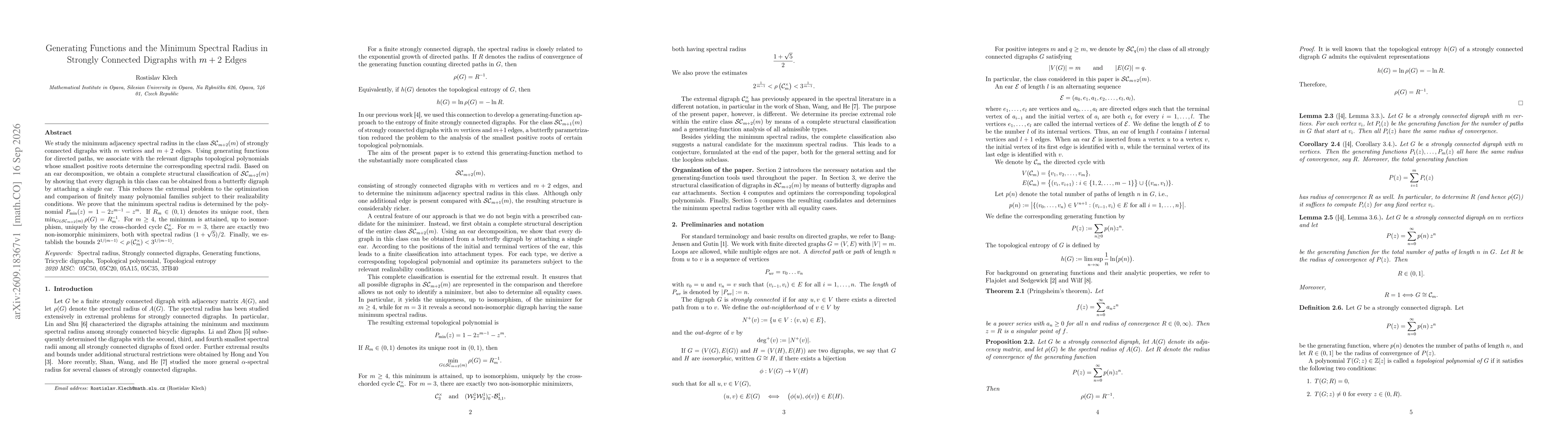 Thumbnail for Generating Functions and the Minimum Spectral Radius in Strongly Connected Digraphs with $m+2$ Edges