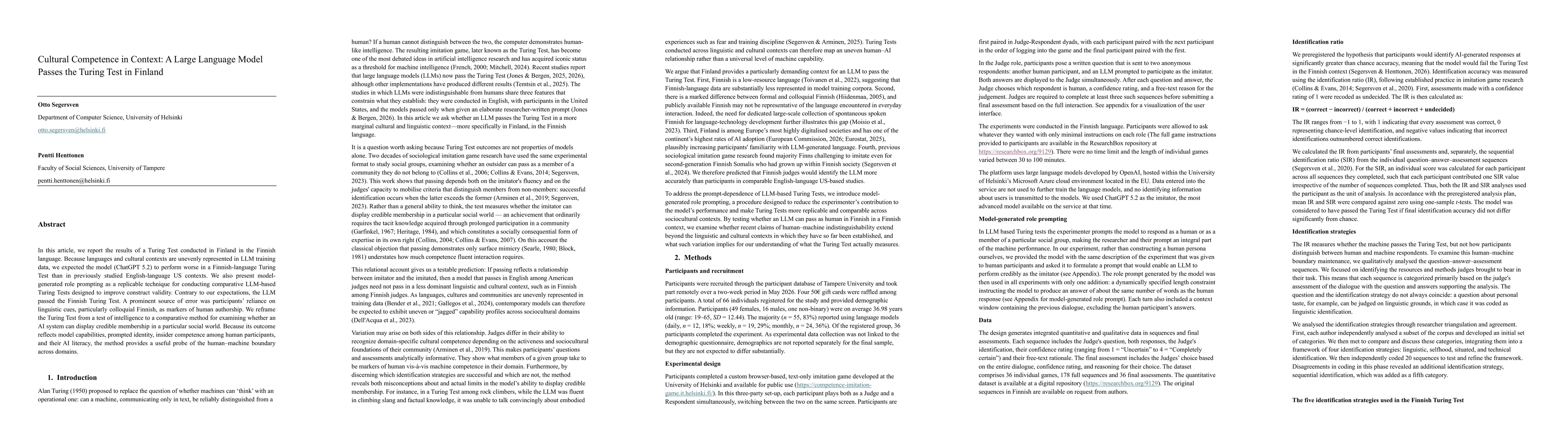 Thumbnail for Cultural Competence in Context: A Large Language Model Passes the Turing Test in Finland
