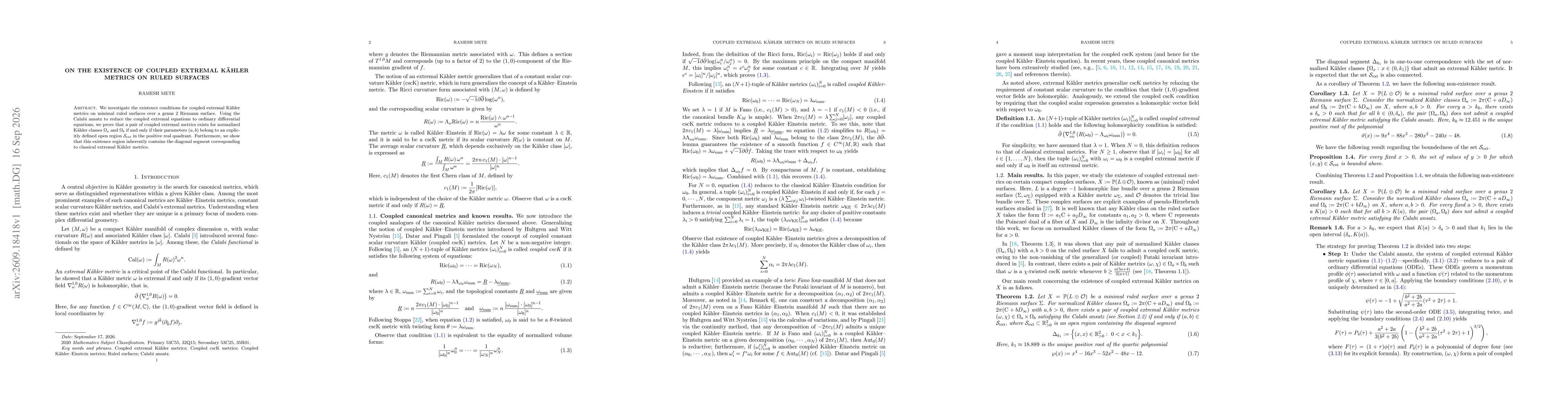 Thumbnail for On the existence of coupled extremal Kähler metrics on ruled surfaces