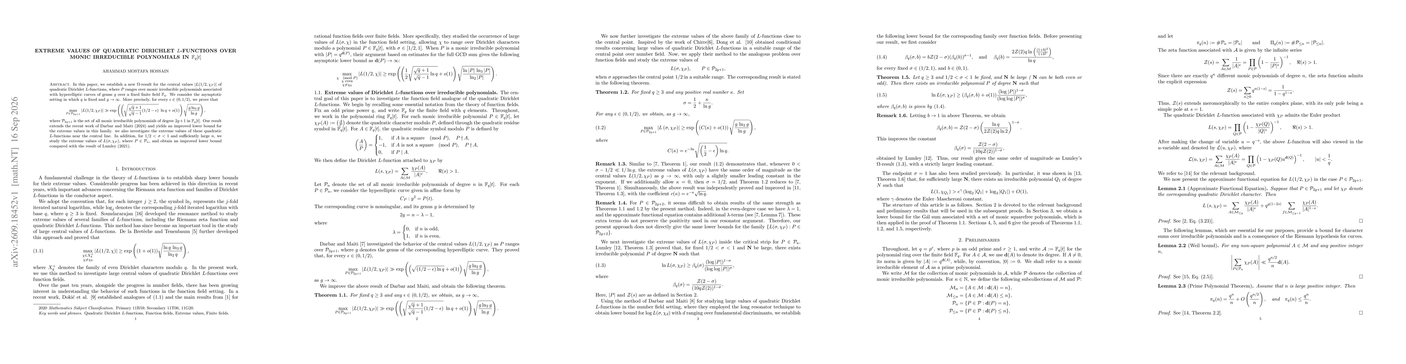 Thumbnail for Extreme Values of Quadratic Dirichlet $L$-Functions over Monic Irreducible Polynomials in $\mathbb{F}_q[t]$