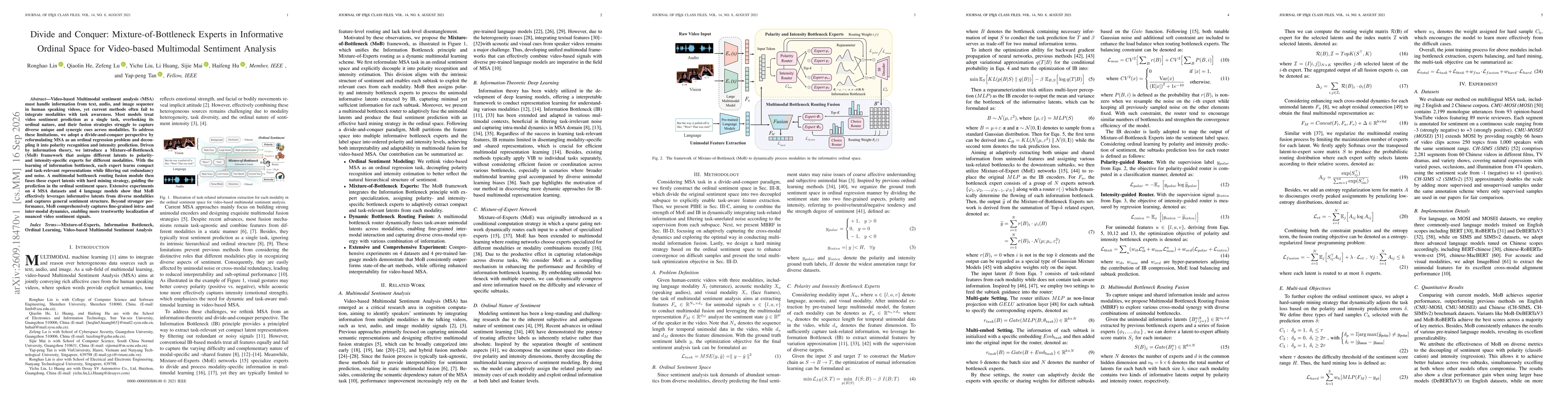 Thumbnail for Divide and Conquer: Mixture-of-Bottleneck Experts in Informative Ordinal Space for Video-based Multimodal Sentiment Analysis