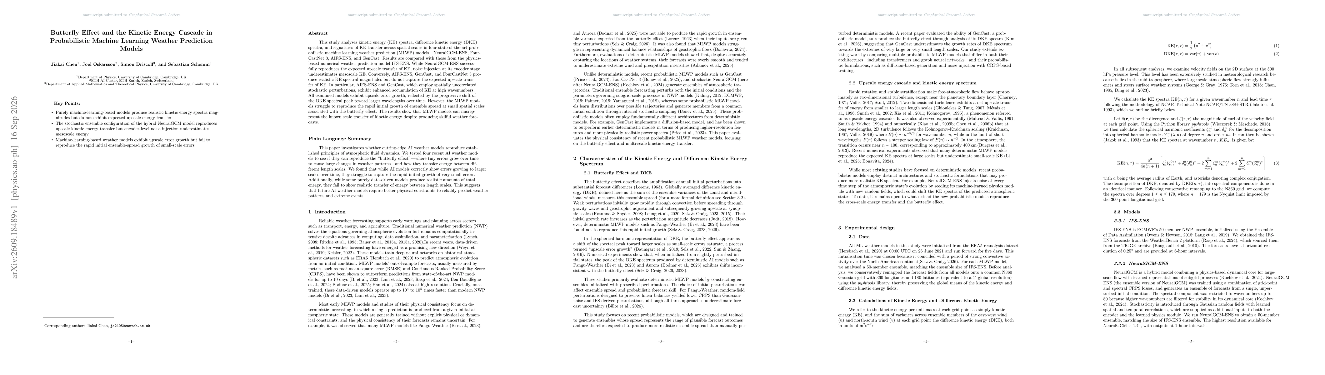 Thumbnail for Butterfly Effect and the Kinetic Energy Cascade in Probabilistic Machine Learning Weather Prediction Models