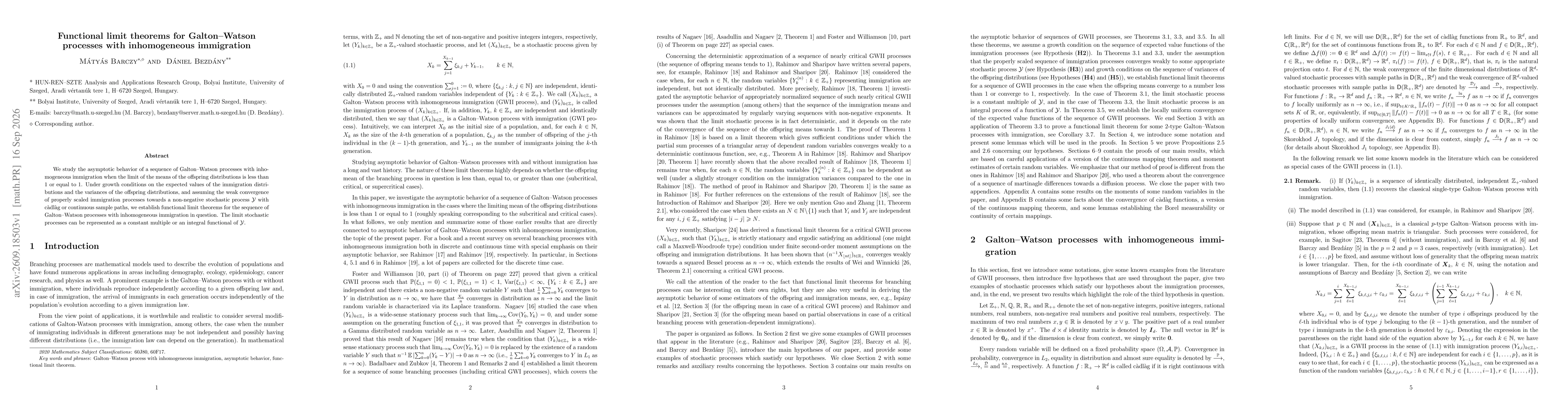 Thumbnail for Functional limit theorems for Galton--Watson processes with inhomogeneous immigration