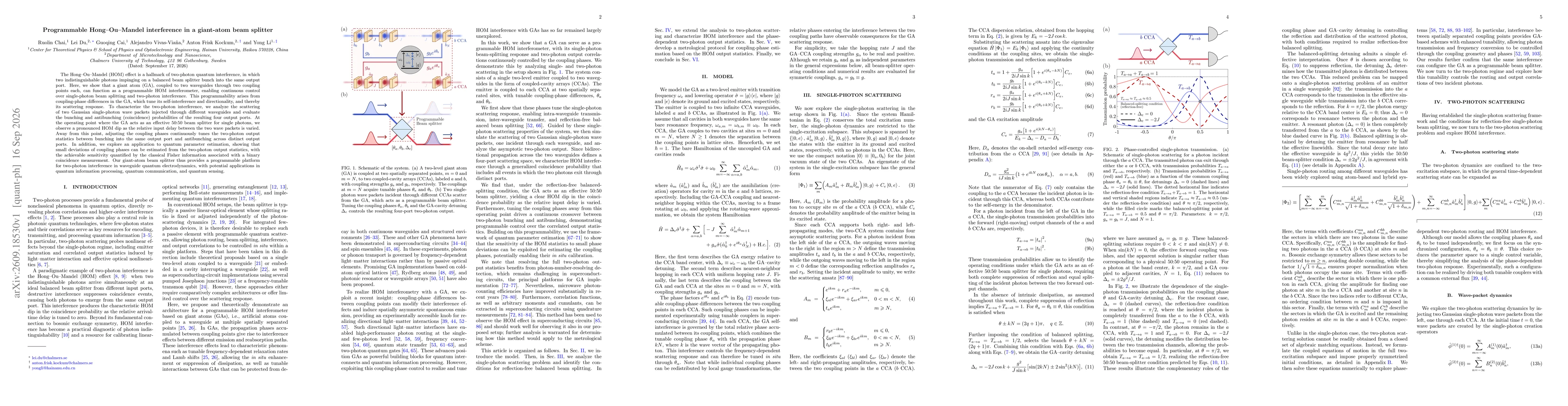 Thumbnail for Programmable Hong--Ou--Mandel interference in a giant-atom beam splitter