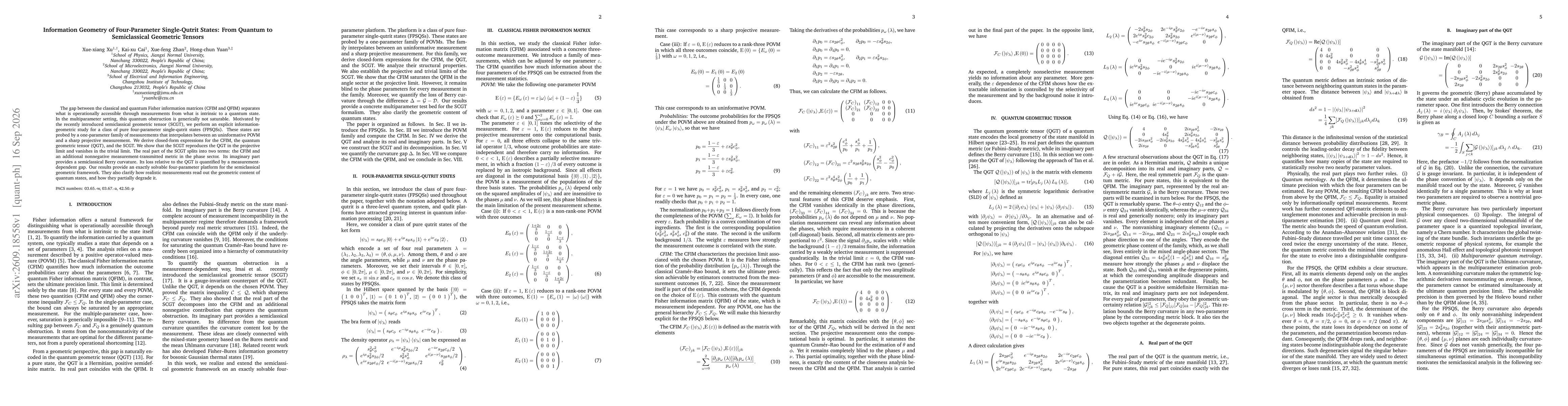 Thumbnail for Information Geometry of Four-Parameter Single-Qutrit States: From Quantum to Semiclassical Geometric Tensors