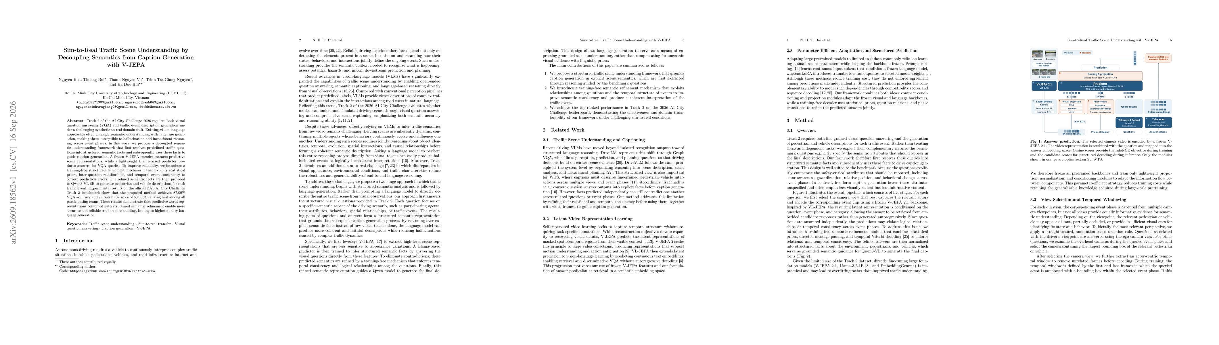 Thumbnail for Sim-to-Real Traffic Scene Understanding by Decoupling Semantics from Caption Generation with V-JEPA