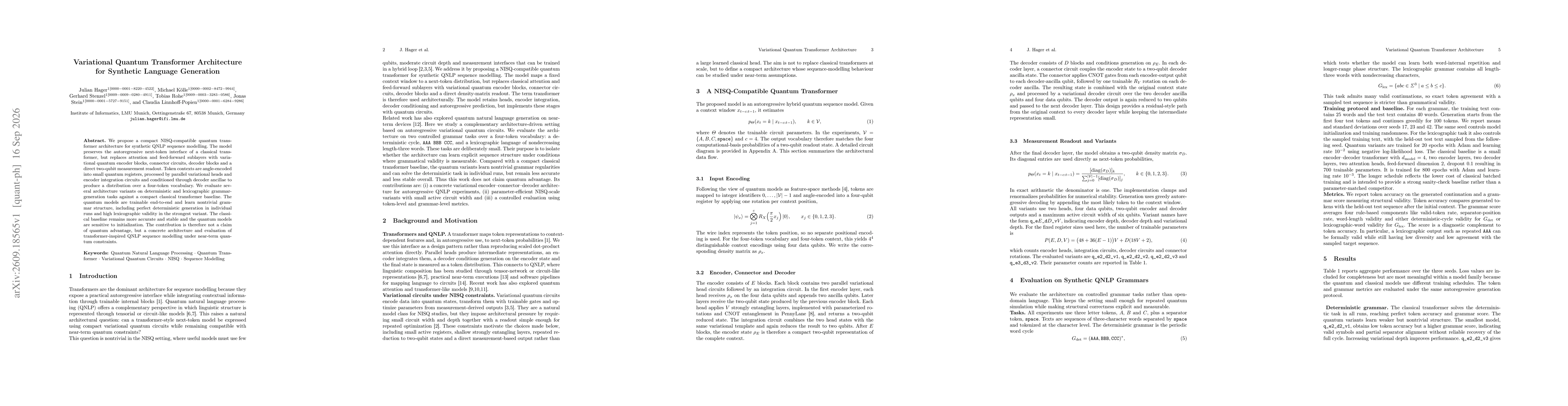 Thumbnail for Variational Quantum Transformer Architecture for Synthetic Language Generation
