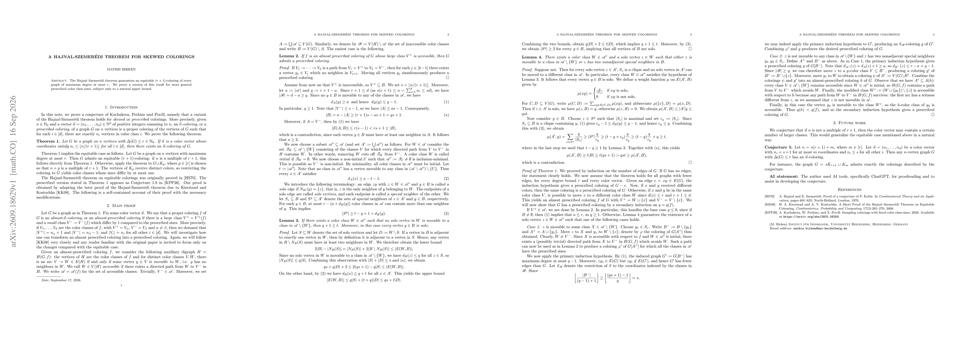 Thumbnail for A Hajnal-Szemerédi Theorem for Skewed Colorings