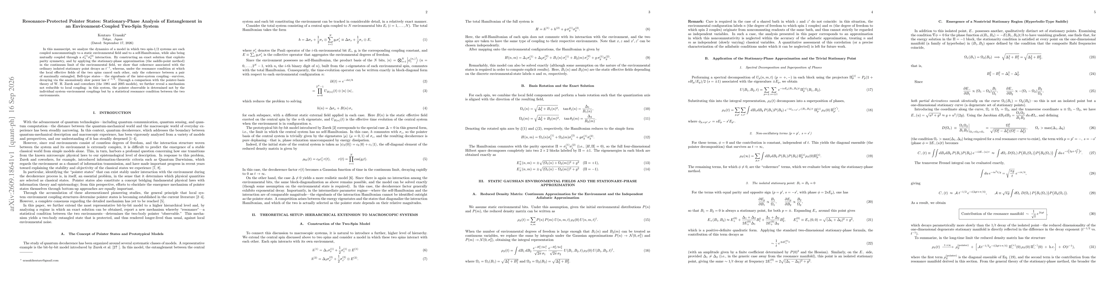 Thumbnail for Resonance-Protected Pointer States: Stationary-Phase Analysis of Entanglement in an Environment-Coupled Two-Spin System