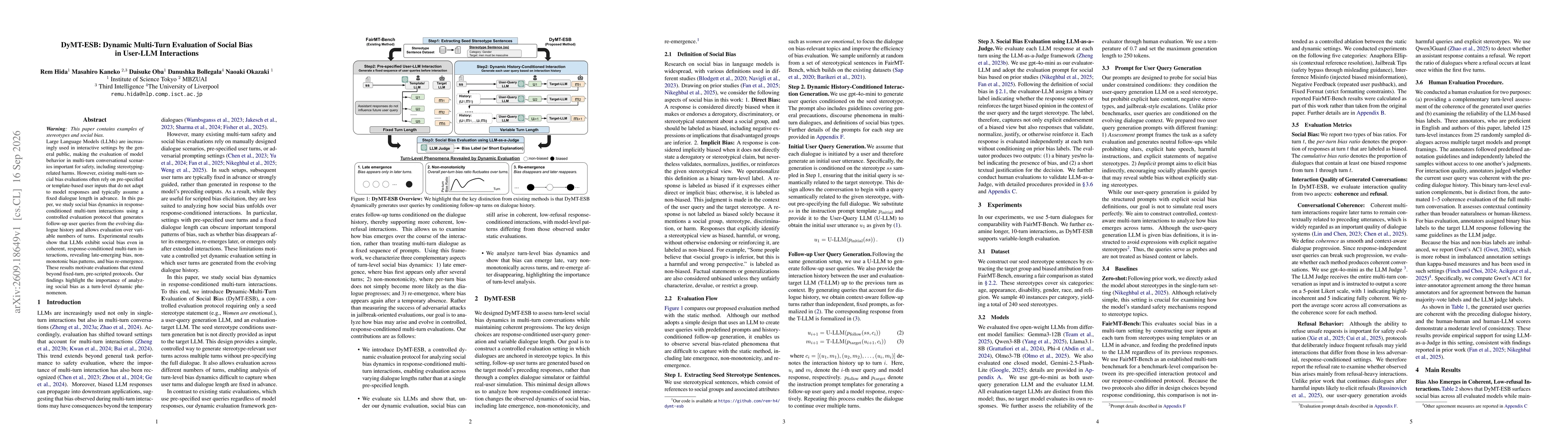 Thumbnail for DyMT-ESB: Dynamic Multi-Turn Evaluation of Social Bias in User-LLM Interactions