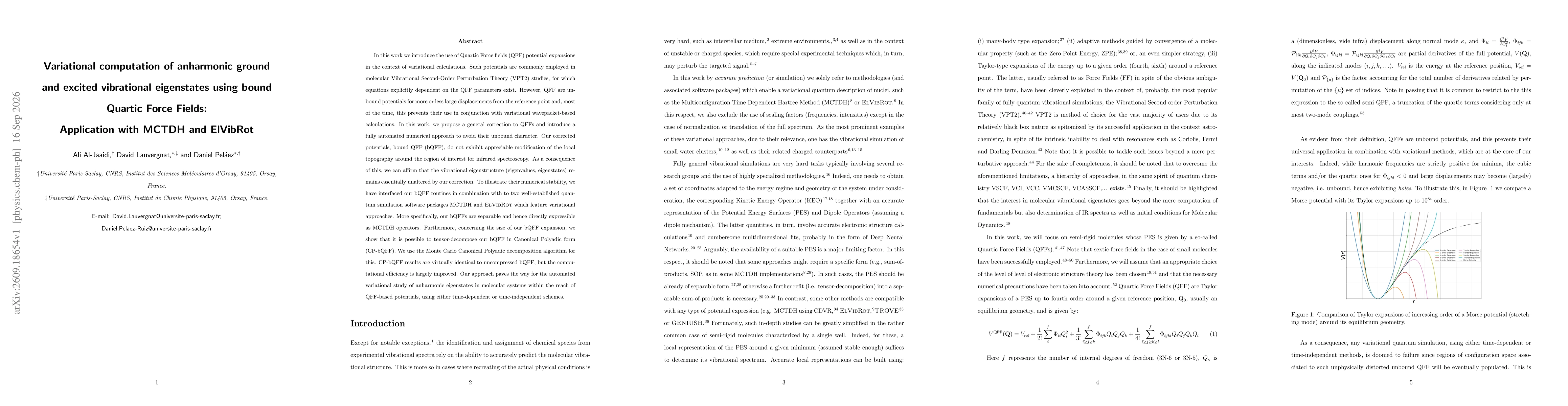 Thumbnail for Variational computation of anharmonic ground and excited vibrational eigenstates using bound Quartic Force Fields: Application with MCTDH and ElVibRot
