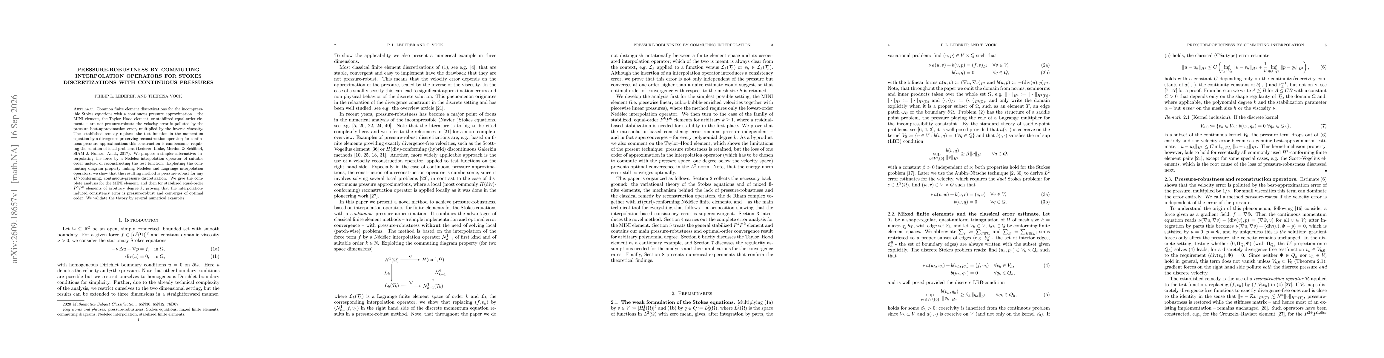 Thumbnail for Pressure-robustness by commuting interpolation operators for Stokes discretizations with continuous pressures