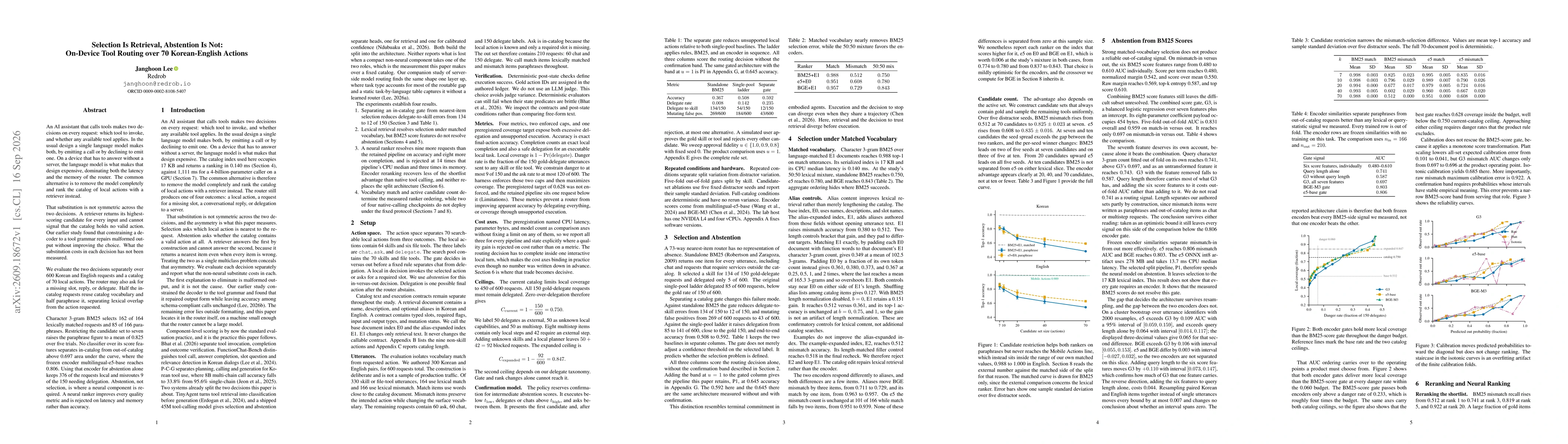 Thumbnail for Selection Is Retrieval, Abstention Is Not: On-Device Tool Routing over 70 Korean-English Actions