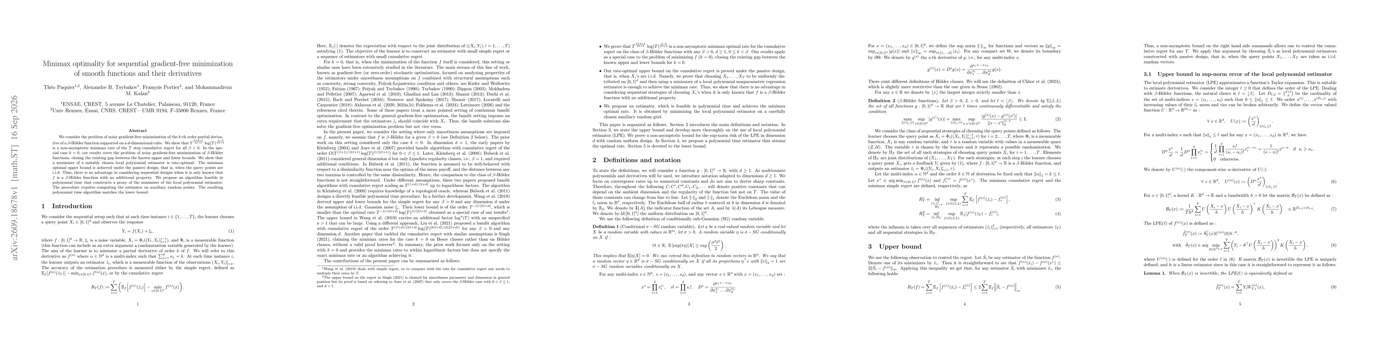 Thumbnail for Minimax optimality for sequential gradient-free minimization of smooth functions and their derivatives