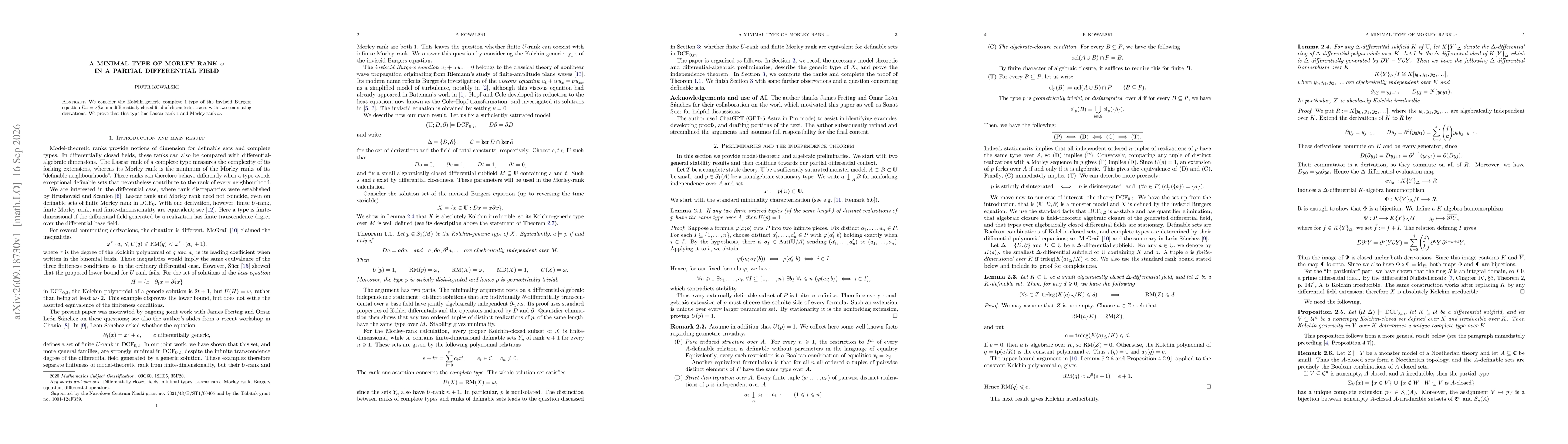 Thumbnail for A minimal type of Morley rank $ω$ in a partial differential field
