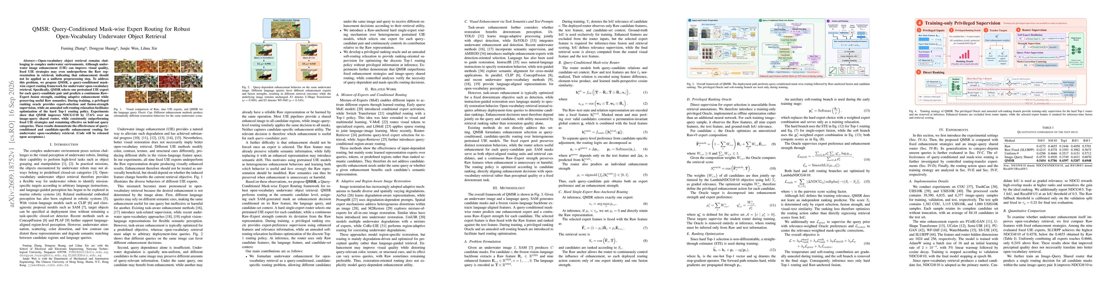 Thumbnail for QMSR: Query-Conditioned Mask-wise Expert Routing for Robust Open-Vocabulary Underwater Object Retrieval