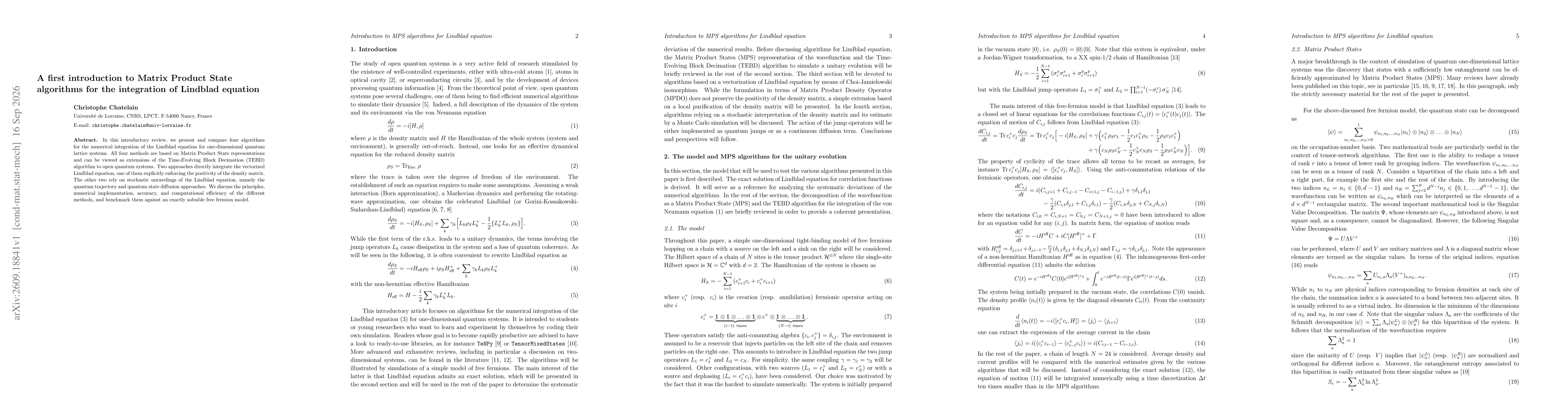 Thumbnail for A first introduction to Matrix Product State algorithms for the integration of Lindblad equation