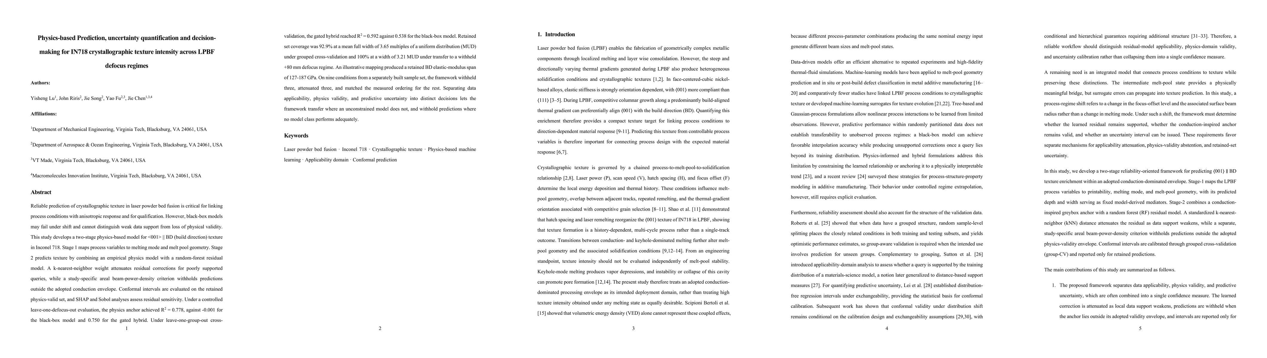 Thumbnail for Physics-based prediction, uncertainty quantification and decision-making for IN718 crystallographic texture intensity across LPBF defocus regimes