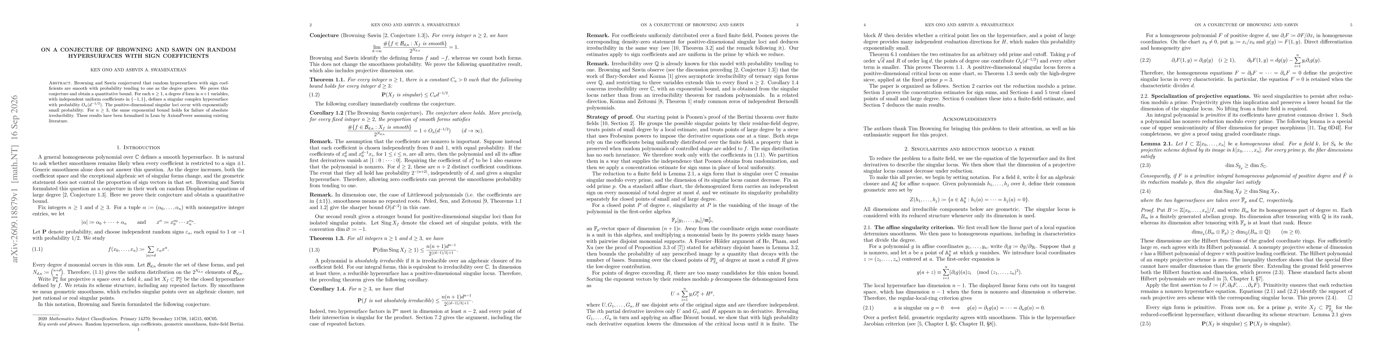 Thumbnail for On a conjecture of Browning and Sawin on random hypersurfaces with sign coefficients