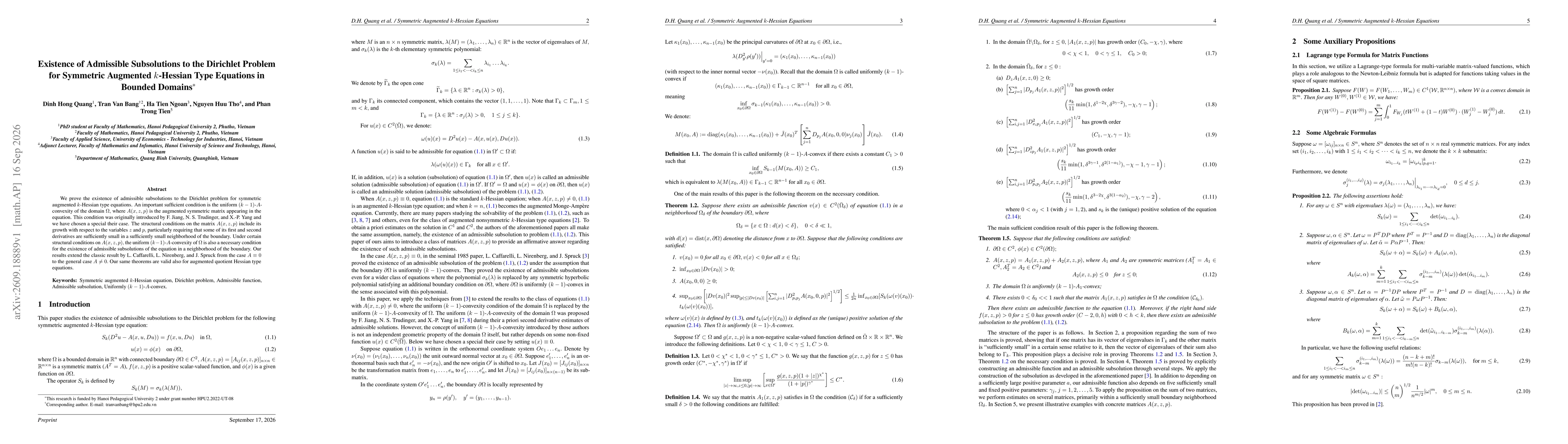 Thumbnail for Existence of Admissible Subsolutions to the Dirichlet Problem for Symmetric Augmented $k$-Hessian Type Equations in Bounded Domains