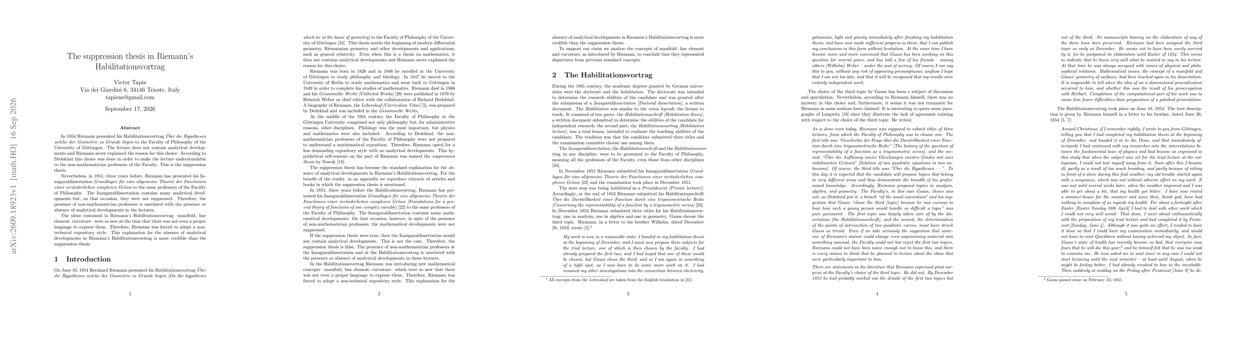Thumbnail for The suppression thesis in Riemann's Habilitationsvortrag