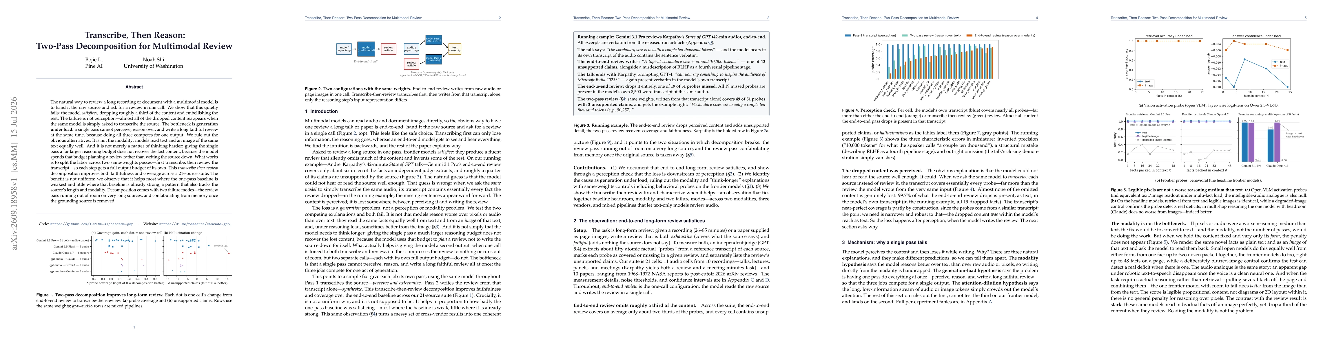 Thumbnail for Transcribe, Then Reason: Two-Pass Decomposition for Multimodal Review