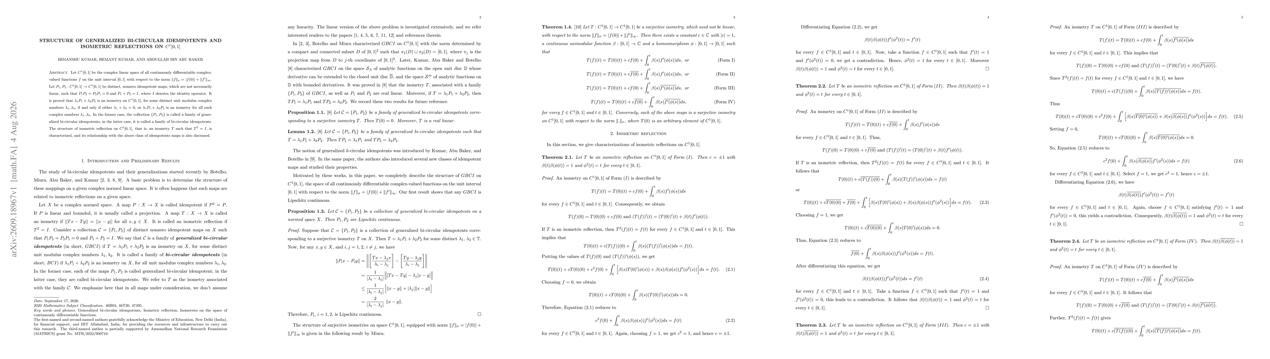 Thumbnail for Structure of Generalized bi-circular idempotents and isometric reflections on $C^1[0,1]$