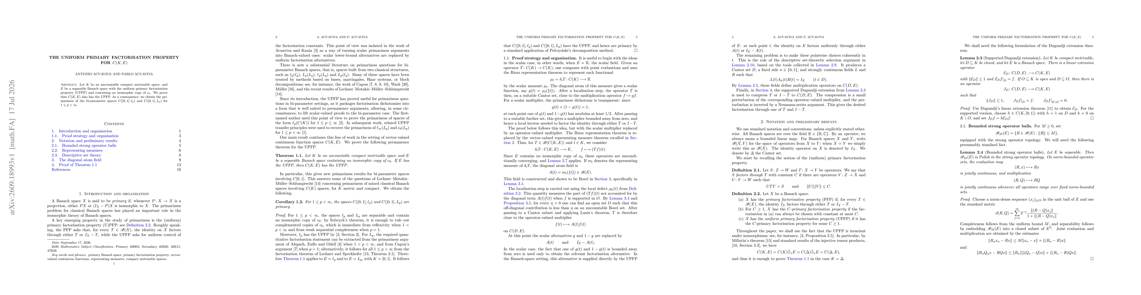 Thumbnail for The Uniform Primary Factorisation Property for $C(K,E)$