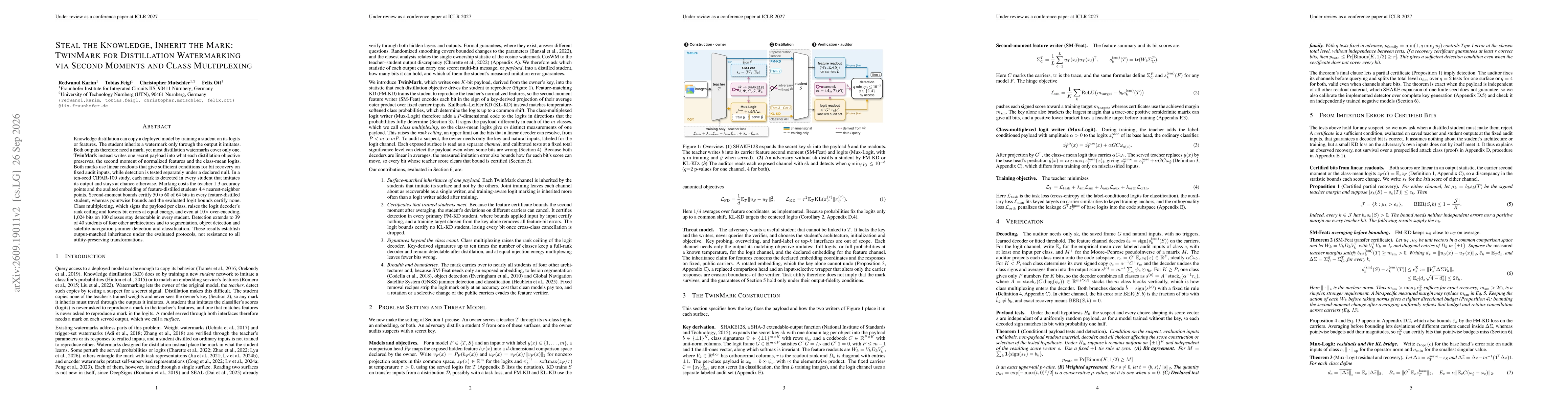Thumbnail for Steal the Knowledge, Inherit the Mark: TwinMark for Distillation Watermarking via Second Moments and Class Multiplexing