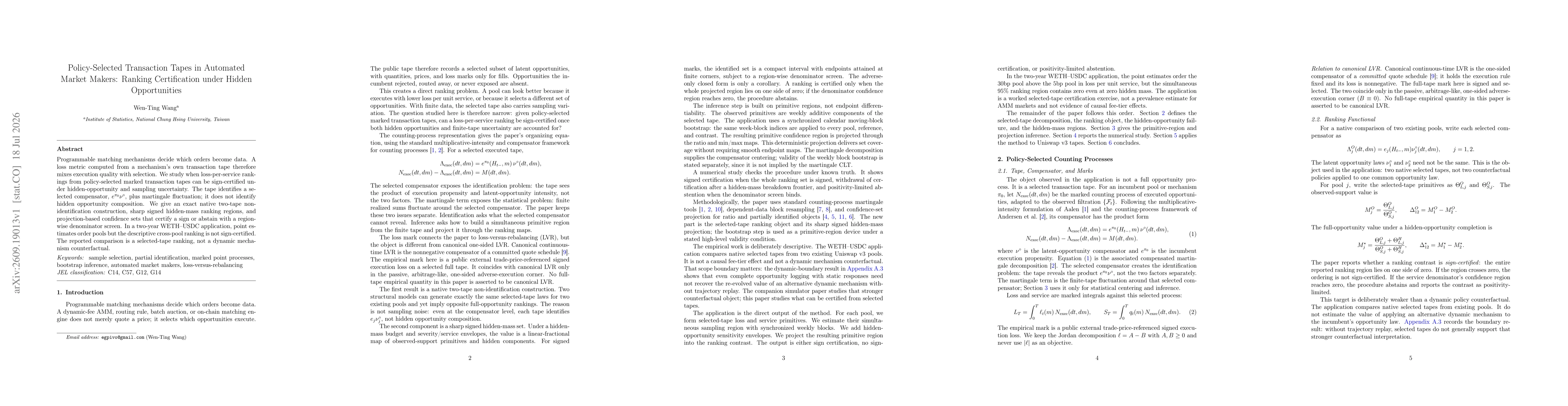Thumbnail for Policy-Selected Transaction Tapes in Automated Market Makers: Ranking Certification under Hidden Opportunities