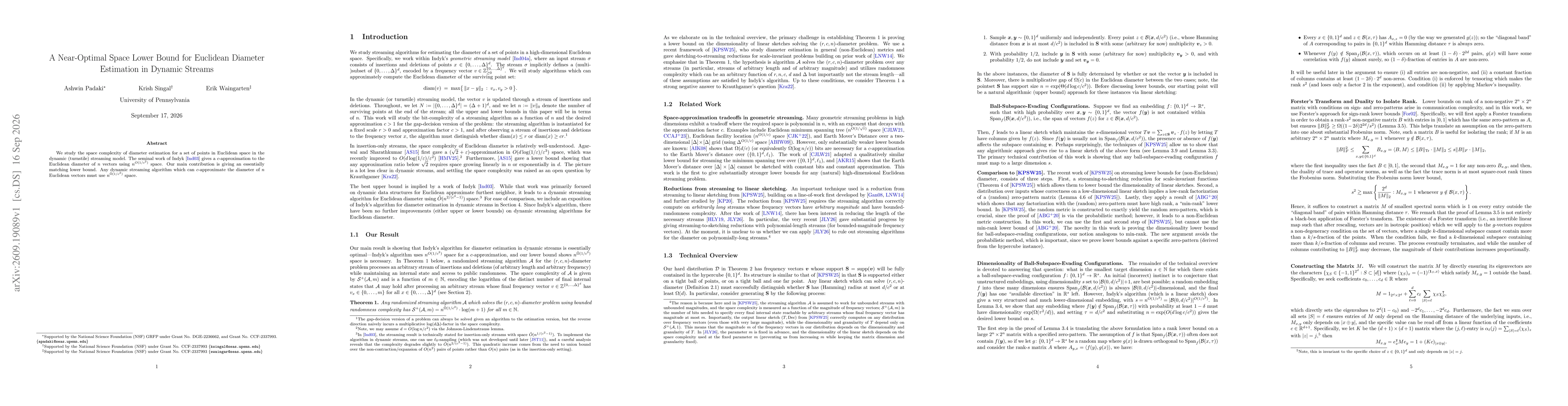 Thumbnail for A Near-Optimal Space Lower Bound for Euclidean Diameter Estimation in Dynamic Streams